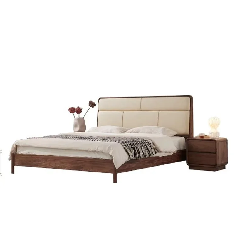 black walnut double , Nordic all solid wood leather soft bag modern simple queen  master bedroom wedding bed