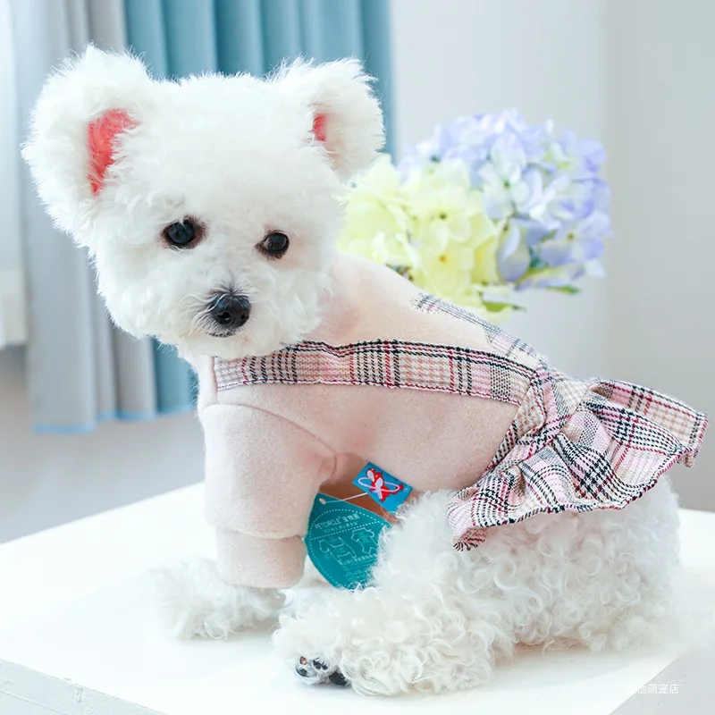 1PC Pet Clothes Cat Autumn/Winter Thick Bear Hug Pink Plaid Princess Dress Suitable for Small and Medium Dogs