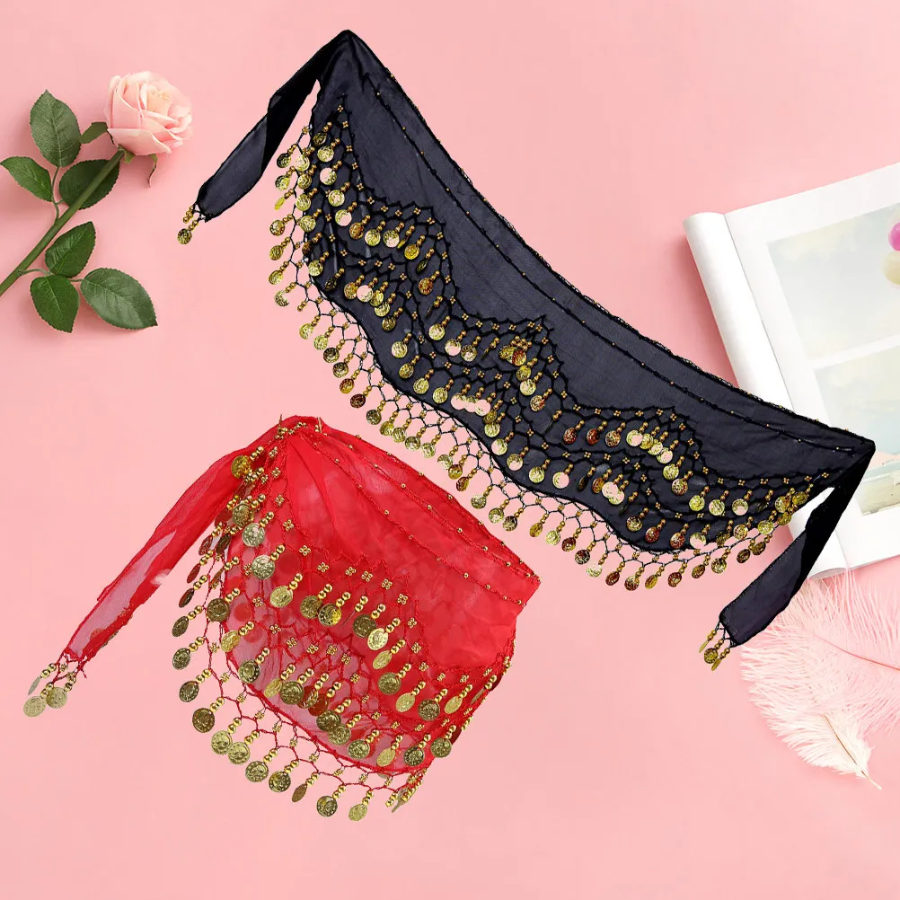 2Pcs Chiffon Belly Dance Hip Scarf with 128 Jingle Coins for Women Waist Chain Dancing Costume Accessory Belly Dancing Scarf