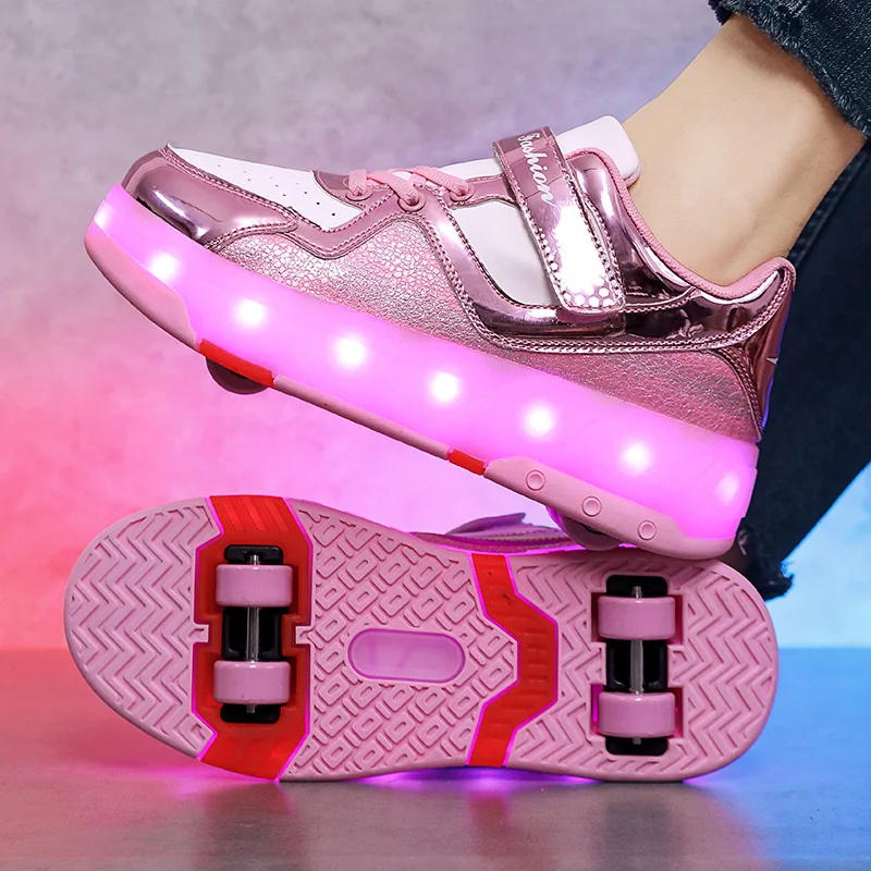 2023 Girls Boys New Lovely Sneakers Children Autumn Leather LED Luminous With Four Wheels Shoe Winter Charging Roller Skate Shoe