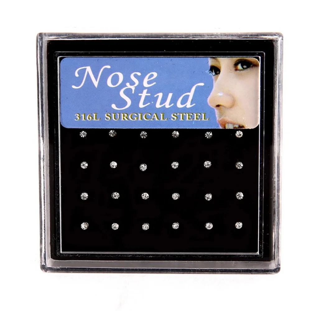 Anneau de nez et clous en cristal pour femmes et filles, bijoux en acier chirurgical inoxydable, Piercing de nez, strass colorés, 24 pièces