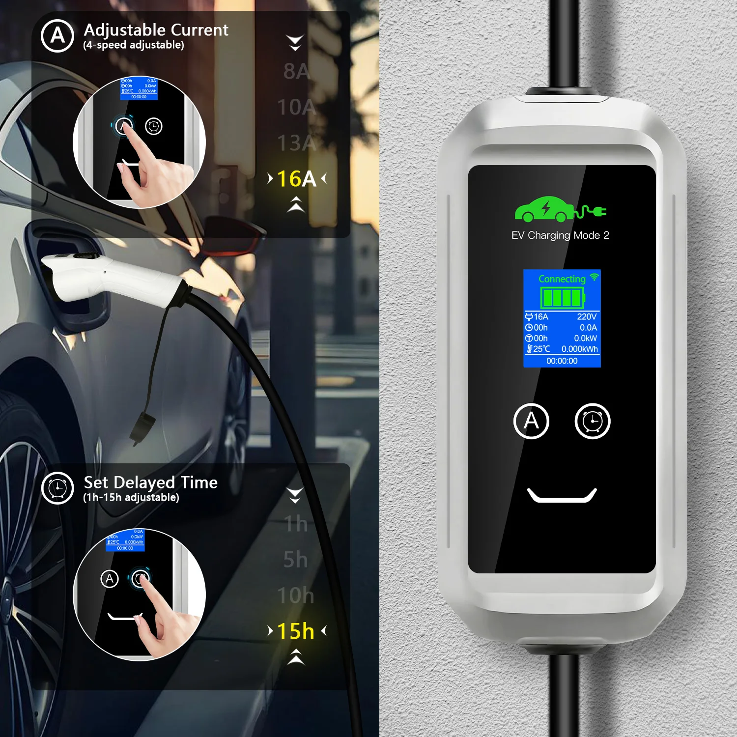 شاحن سيارات كهربائية محمول 3.6KW 16A 1Phase Type2 Plug Type1 صندوق شحن 3.5 متر كابل ضبط التيار لمحطة شحن السيارة الكهربائية #3