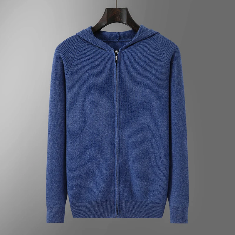 2025 الخريف الشتاء 100% الصوف الخالص سترة الرجال مقنعين النمط الغربي محبوك هوديي سترة فضفاضة جديد الكشمير البلوز سترة #3