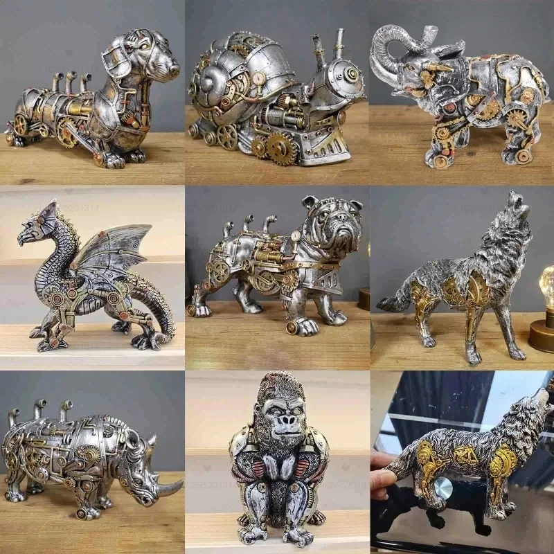 Mechanical Punk Dog Figure Resin Crafts Steampunk Bulldog Dog Resin Statue Sculpture Decoration Home Desktop Home Furnishings