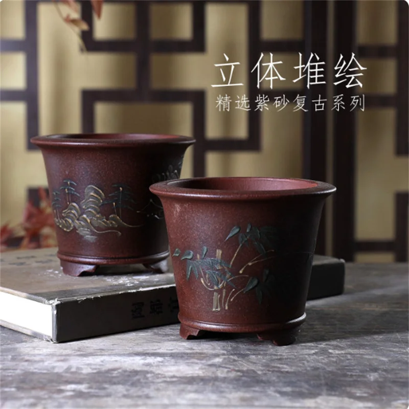 Ceramic bucket‌ Bonsai Pot, Chinese painting,Aged,Purple Sand Flower Pot,Garden Decoration