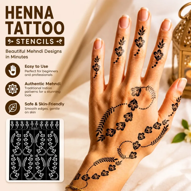 Indian Style Henna Tattoo Stencils Hollow Drawing Templates for Hand Body Painting Reusable DIY Skin Pattern Molds Ethnic Hand