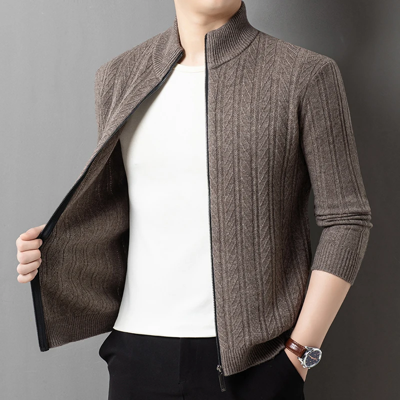 

100% Sheep Wool Sweater Cardigan 2025 Men Winter Trendy Thick Zipper Coat Fashion Cashmere Wool Warm Knitwear Long Sleeved