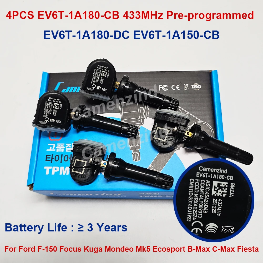 Capteur TPMS programmé EV6T-1A180-CB EV6T1A180CB EV6T-1A180-DC pour Ford F-150 Focus Kuga Mondeo Mk5 Ecosport Fiesta 433MHz, 4 pièces