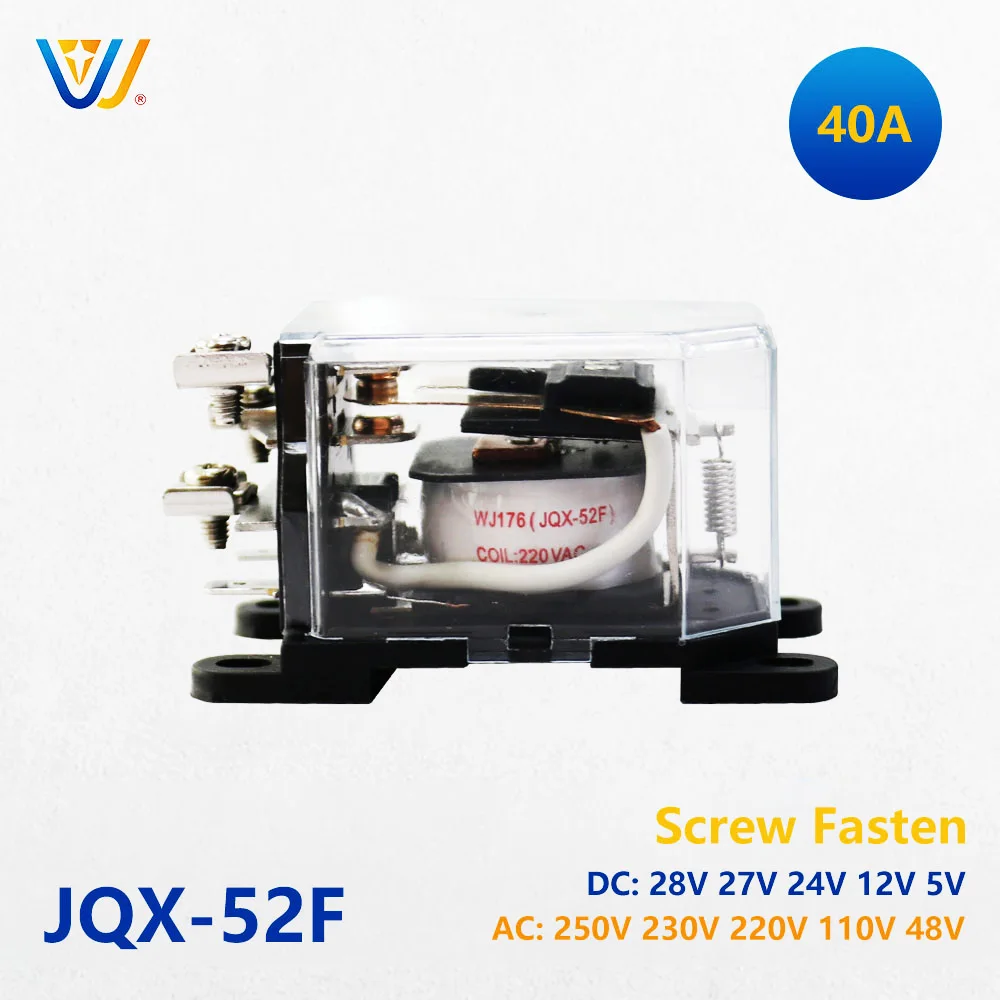 WJ176 40A JQX-52F AC DC Electromagnetic Relay 12V 24V 110V 220V 40A Power Relay Screw Mount NO NC Relay JQX52F JQX 52F