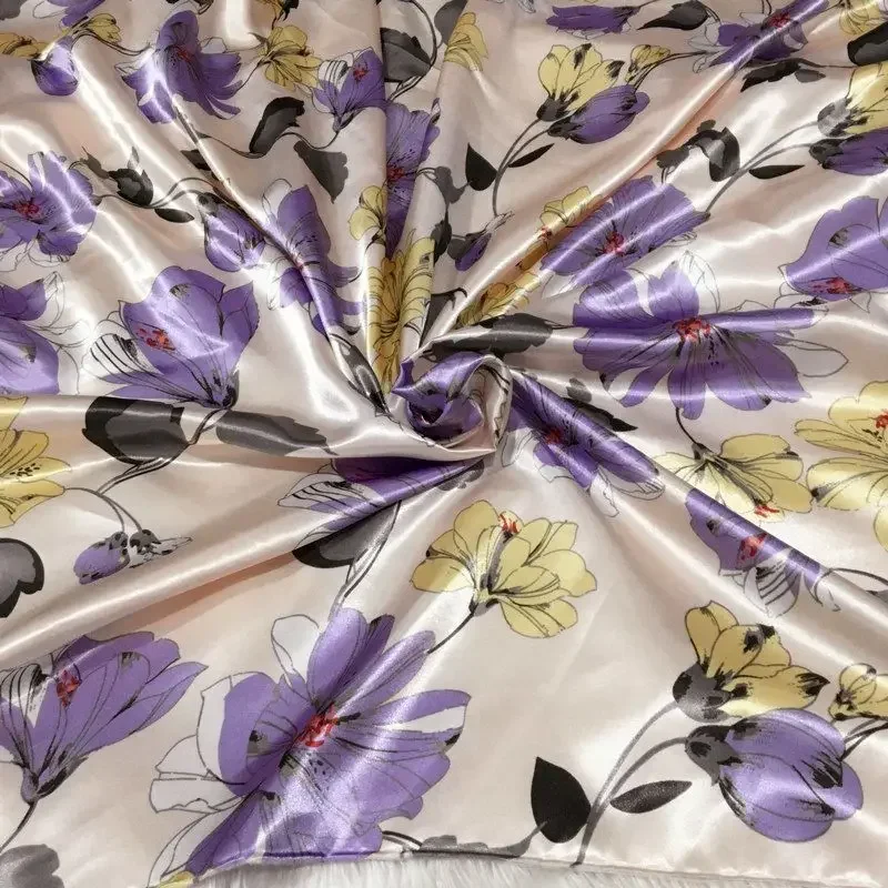 Printed Satin Fabric Per Meter for Dresses Pajamas Scarf Cheongsams Diy Sewing Needlework Cloth Smooth Soft Opaque Flower White