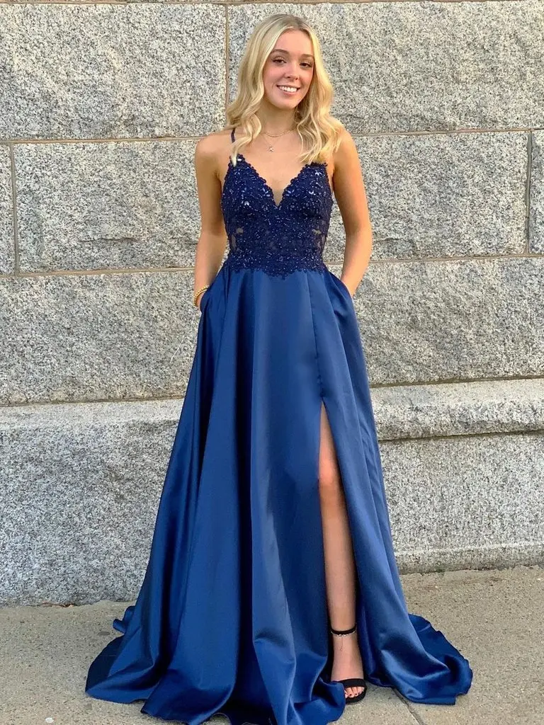 Long Satin Beaded Blue Prom Dresses Pockets V-Neck A-Line High Slit Side Formal Evening Party Gown Robe De Soiree Elegant Sexy