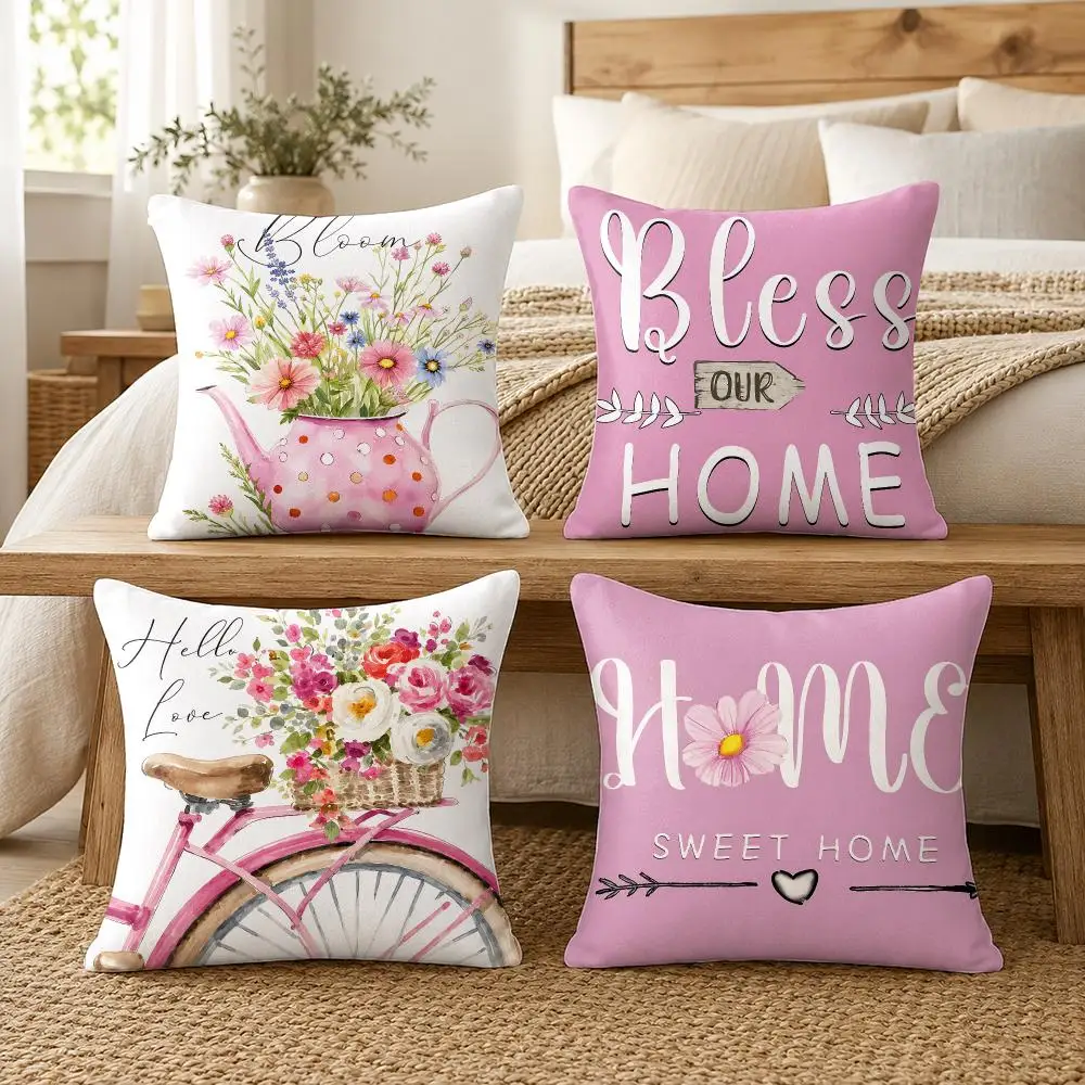 Pastel Bike Floral Home Script Cushion Cover Silky Short Plush Invisible Zipper Dustproof Sofa Pillow Case For Home Decor