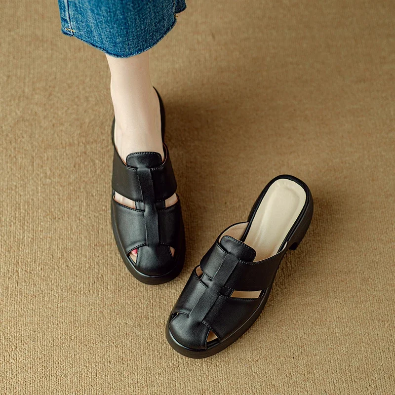 

Faionable Thi Heel Open Toe Slip-On Summer oes Soft Bot Leather High Heels Breathable Hollow out Design for Young Women