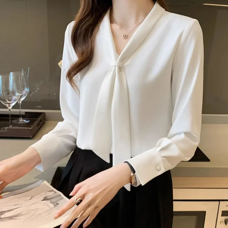 Kantoor Dame Lange Mouwen Vrouwen Blouse V-Hals Kanten Chiffon Blouse Shirt Vrouwen Tops Blusas Camisas De Mujer Blouses Shirts J830