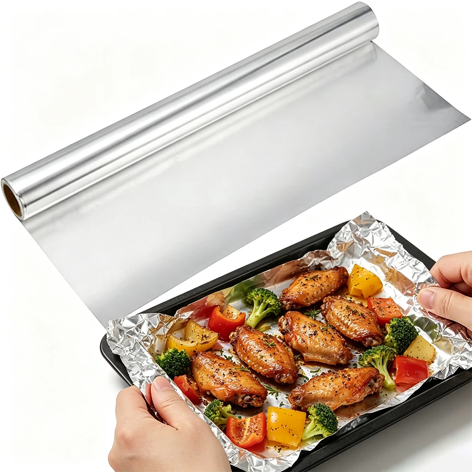 1Roll Aluminum Foil Paper Roll Disposable Kitchen Foil Wrap Oil Resistant Non Stick Baking BBQ Food Storage Packaging Tool