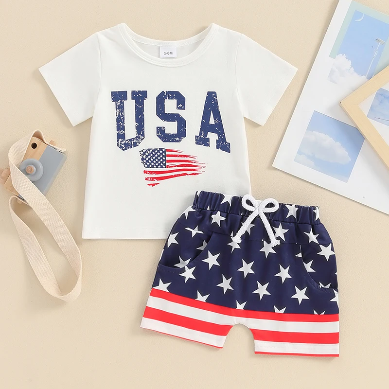 

Lioraitiin Toddler Boys 4th of July Outfits Flag Letter Print Round Neck Short Sleeve T-Shirts Tops and Stars Shorts Clothes Set