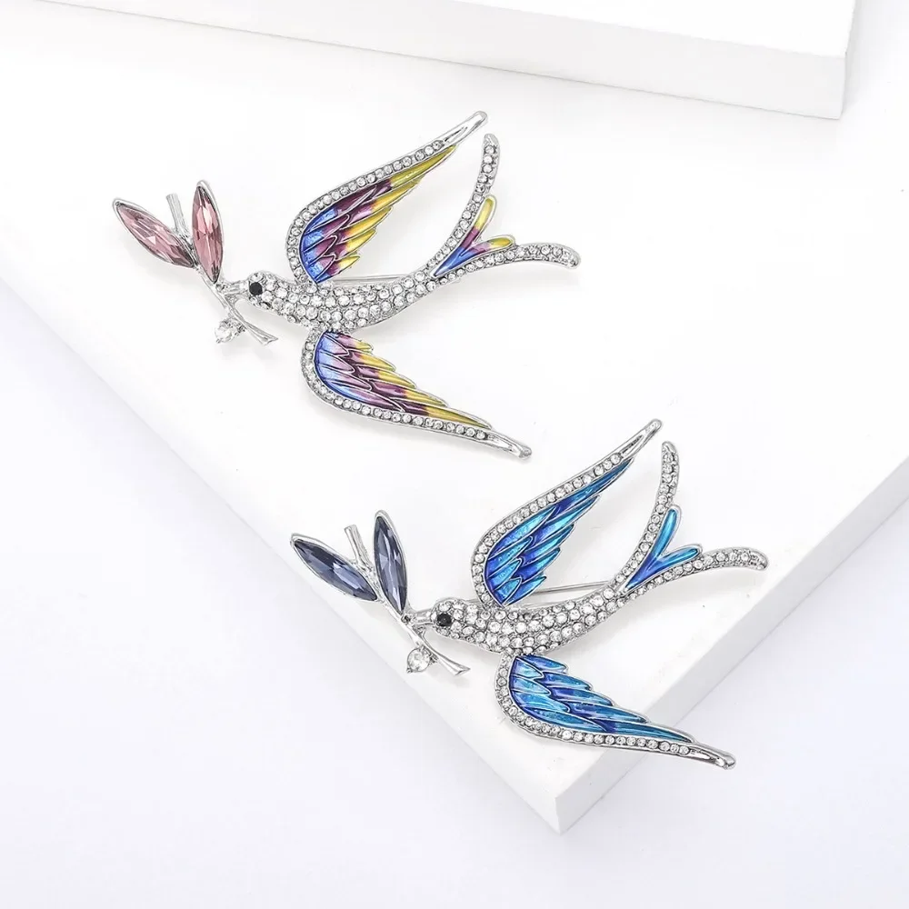 Exquisite Fashion Full Zircon Enamel Swallow Bit Branch Brooches for Women Creativity Crystal Bird Pin Party Jewelry Accessory