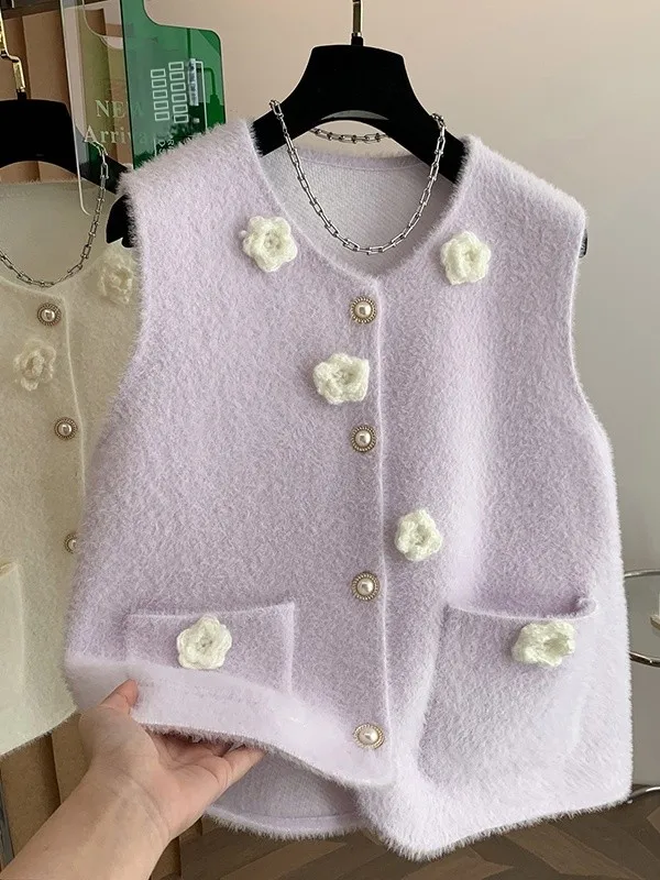 

Свободный женский жилет с круглым вырезом, с пушистой цветочной вышивкой, на одной пуговице, весенне-осенний, антивозрастной, модный, верхняя одежда, топ без рукавов