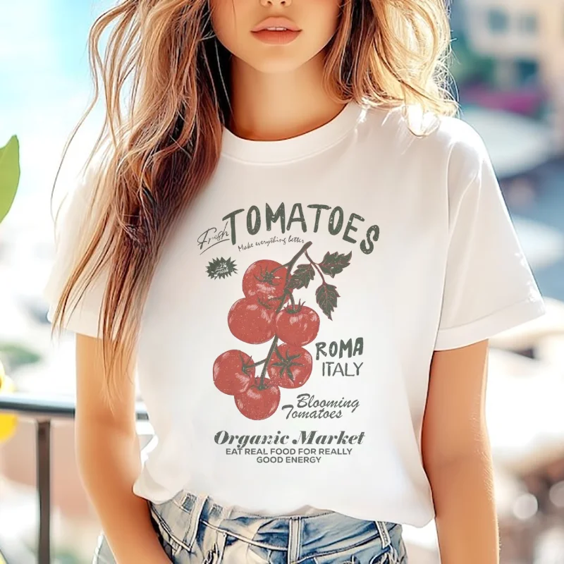 Fresh Tomato Organic Market Pattern Printed Top Casual Women's T-Shirt Trendy Beach Style Women's Short Sleeved White T-Shirt