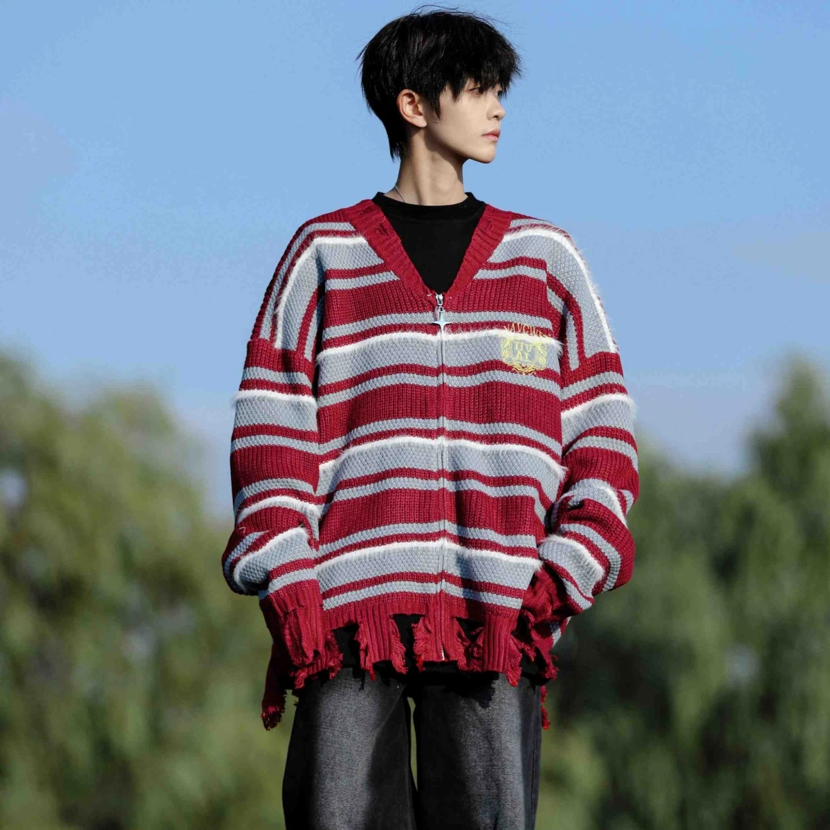 

American Retro Striped Couple Knitted Jaet Men Winter Casual Loose Casual Zipper V-ne Sweater Polyester Fiber Long Sve