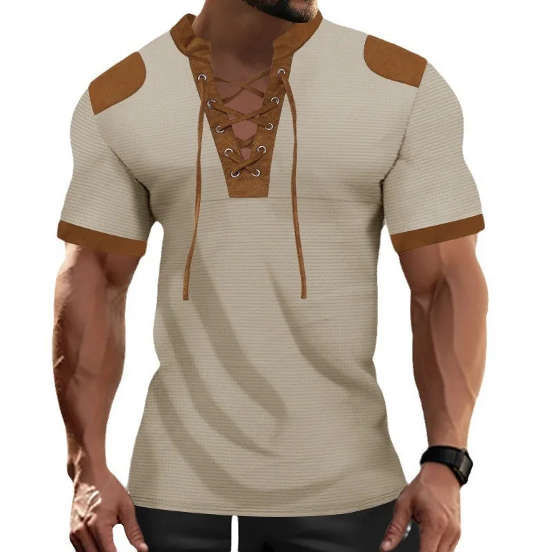 Short Sleeved Men's T-shirt with Tie Up Stand Up Collar Henley Shirt, Men's T-shirt, Color Blocking Casual Top, Men's