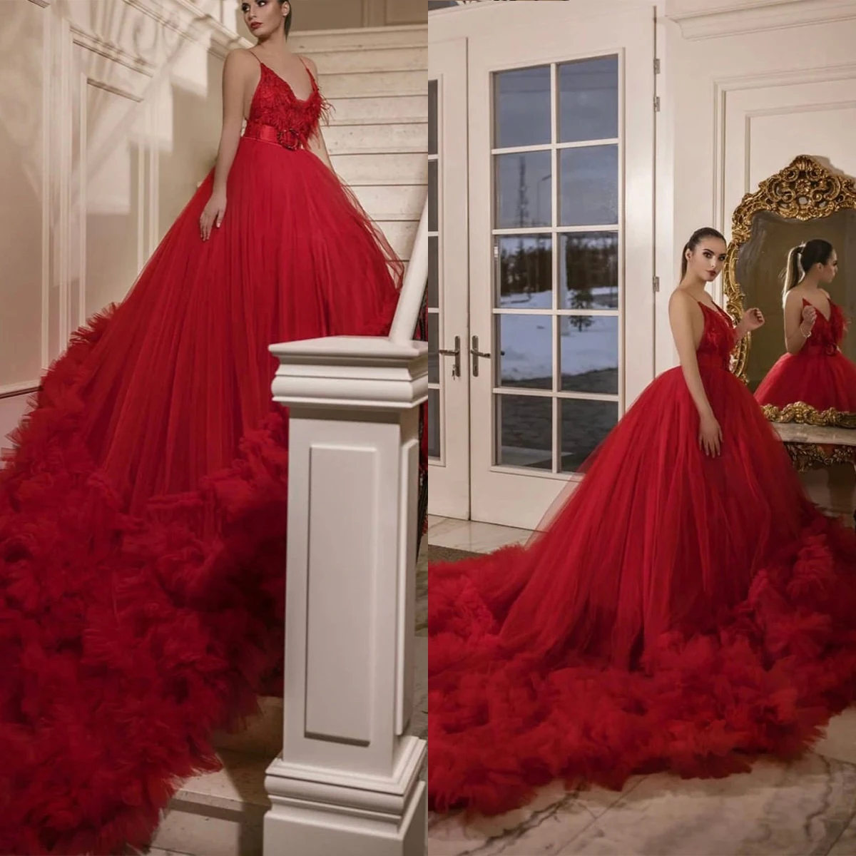 

Gorgeous Evening Dresses Ball Gown Spaghetti Appliques Feathers Tulle Chapel Train Prom Dress Vestido De Noite Customized