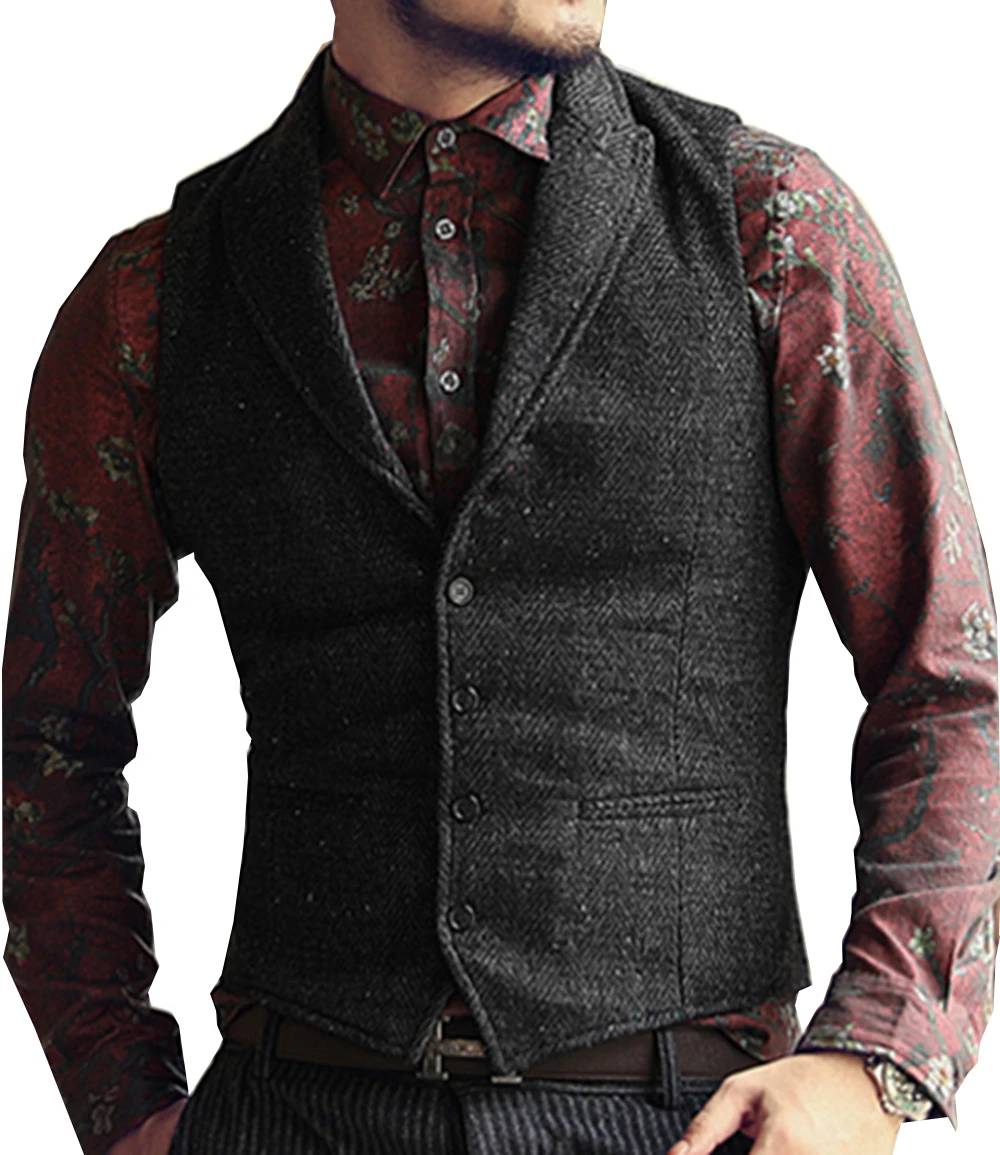 Grey Mens Suit Vest Lapel V Neck Wool Herringbone Casual Formal Business Vest Slim Fit Gilet Waistcoat Groomman For Wedding