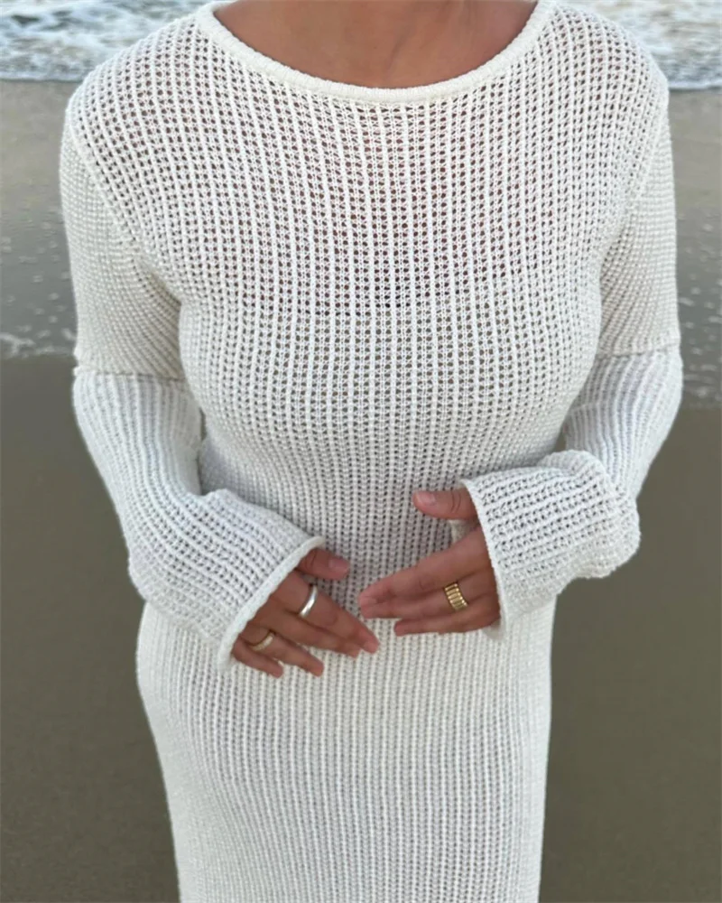 2024 Sexy Long Sleeve Hollow Out Knit Dress, Crochet Swimsuit Cover-ups, Women Bandage Beach Dress, Bikini Cover Up Beachwear