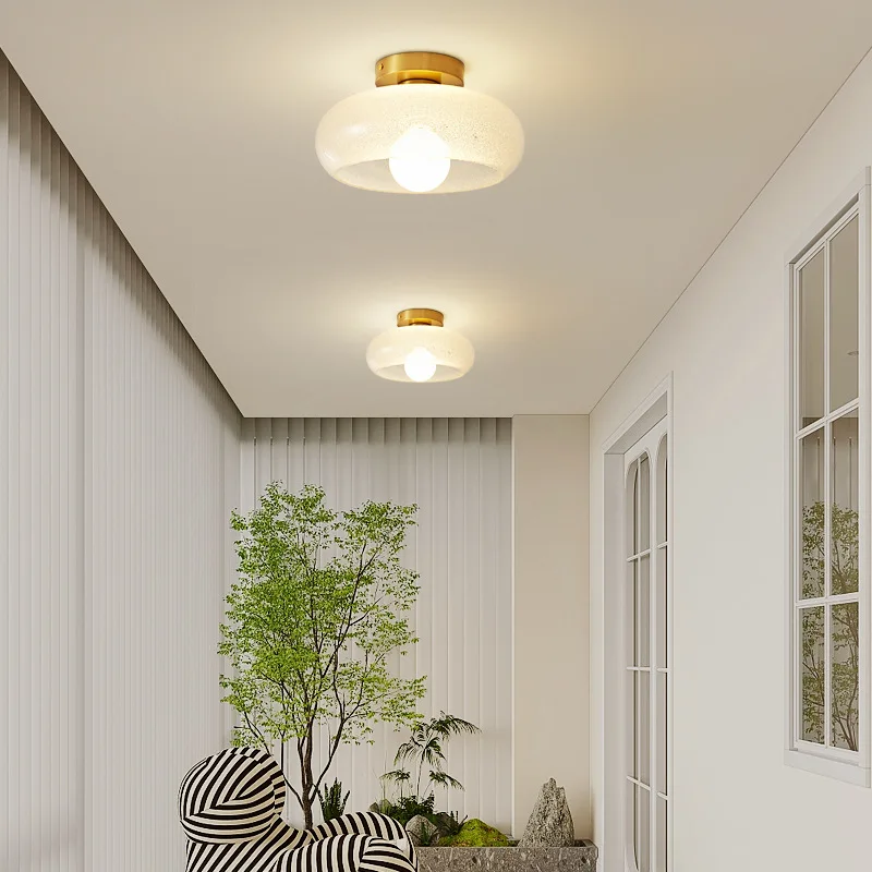 Modern Crystal Sand Cream Glass Entrance Ceiling Lamp All Copper Bedroom Aisle Balcony Cloakroom Lamp