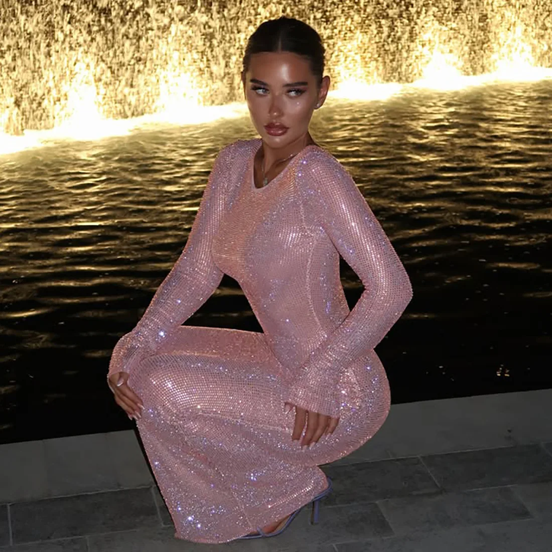 Vestido rosa brillante, ropa de noche para discoteca, vestidos 2025, ropa de otoño e invierno para mujer, trajes de lujo, vestido Sexy ajustado Maxi de fiesta liso