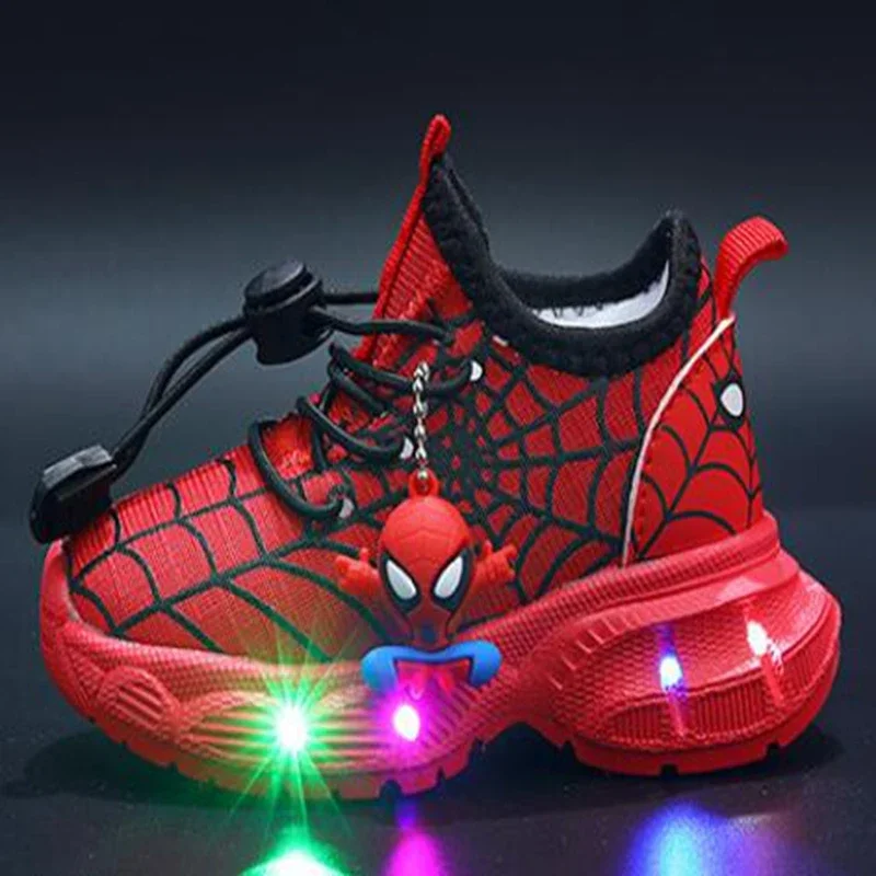 Dziecięce buty z oświetleniem LED dziewczęce chłopięce kreskówki Spiderman codzienne trampki wiosna jesień dziecięce oddychające maluch sportowe