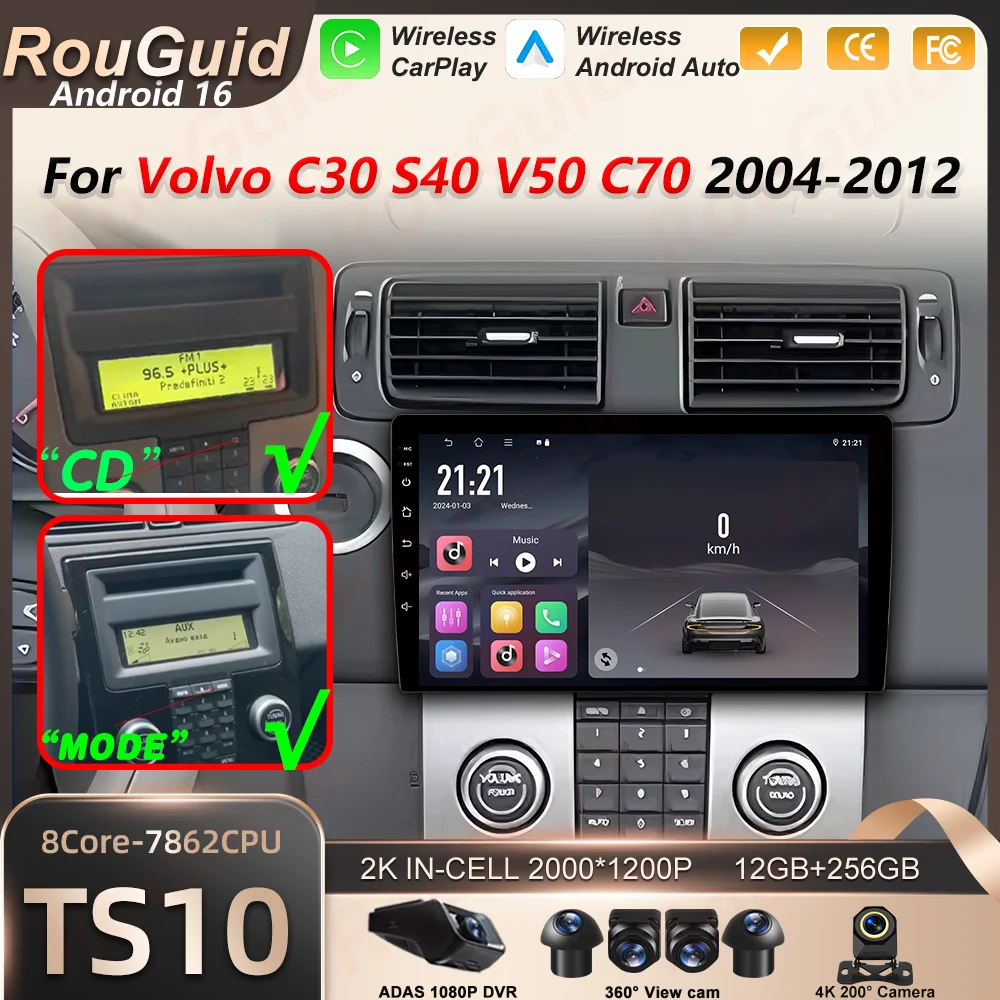 Tela Carplay para Rádio Automotivo Volvo C30 S40 V50 C70 2004 2005 2006 2007 2008 - 2012 com Android Auto, Bluetooth e Reprodutor Multimídia Automotivo.