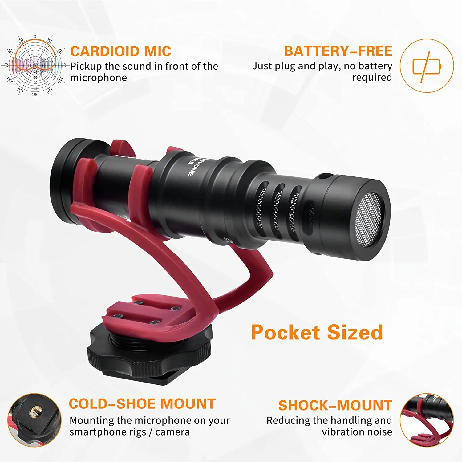 Microfone Comica Professional Shotgun com Shock Mount para iPhone, Câmera DSLR, Smartphones Android, CVM-VM10II
