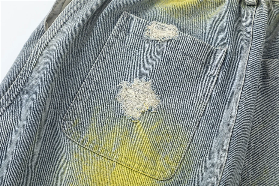 Ripped Hole Denim Shorts Mens Streetwear Hip Hop Y2k Knee Length Pants Vintage Graffiti Baggy Wide-leg Jeans Short Male