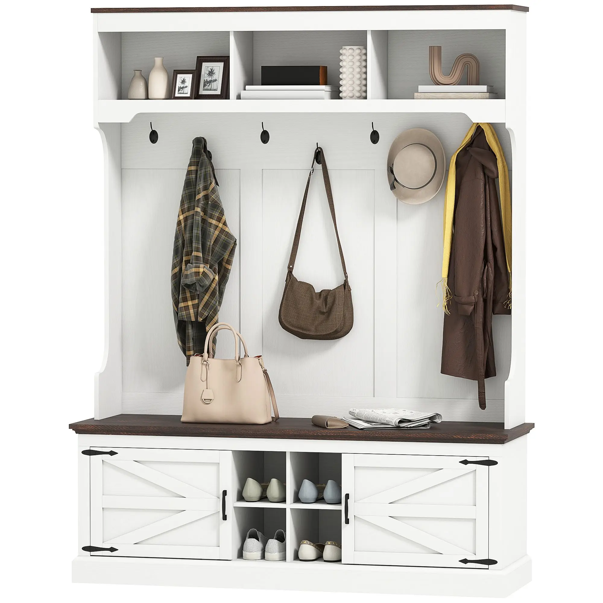 For 3-in-1 Hall Tree with Shoe Storage, Coat Rack with Bench, Entryway Furniture with Hooks, White Wood Grain