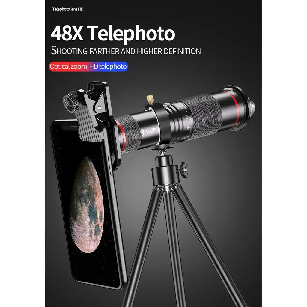 

Cell Phone Camera Lens, 48X Zoom Telephoto Lens with Tripod, HD Smartphone Lens for iPhone Android Telescope