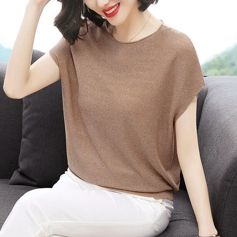 Summer New Ice Silk Loose Knitting Tops Tees Short Sleeve Solid Color All-match Thin Pullovers Casual Fashion Women Clothing