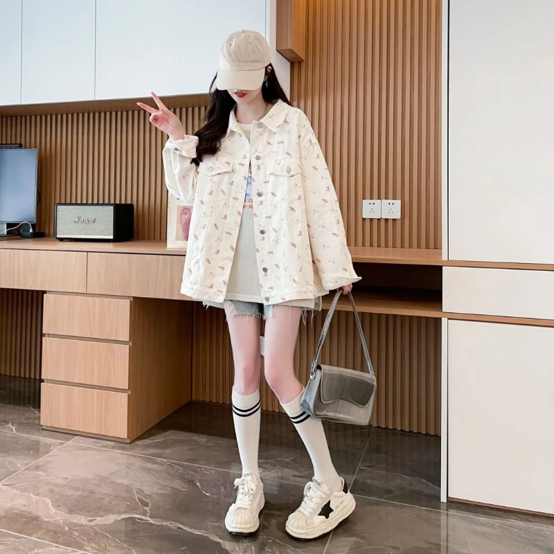 Korean Women's Spring Autumn Denim Jacket Unique Cute All Over Bear Print Oversized Casual Couples Slouchy Work Wear Outerwear