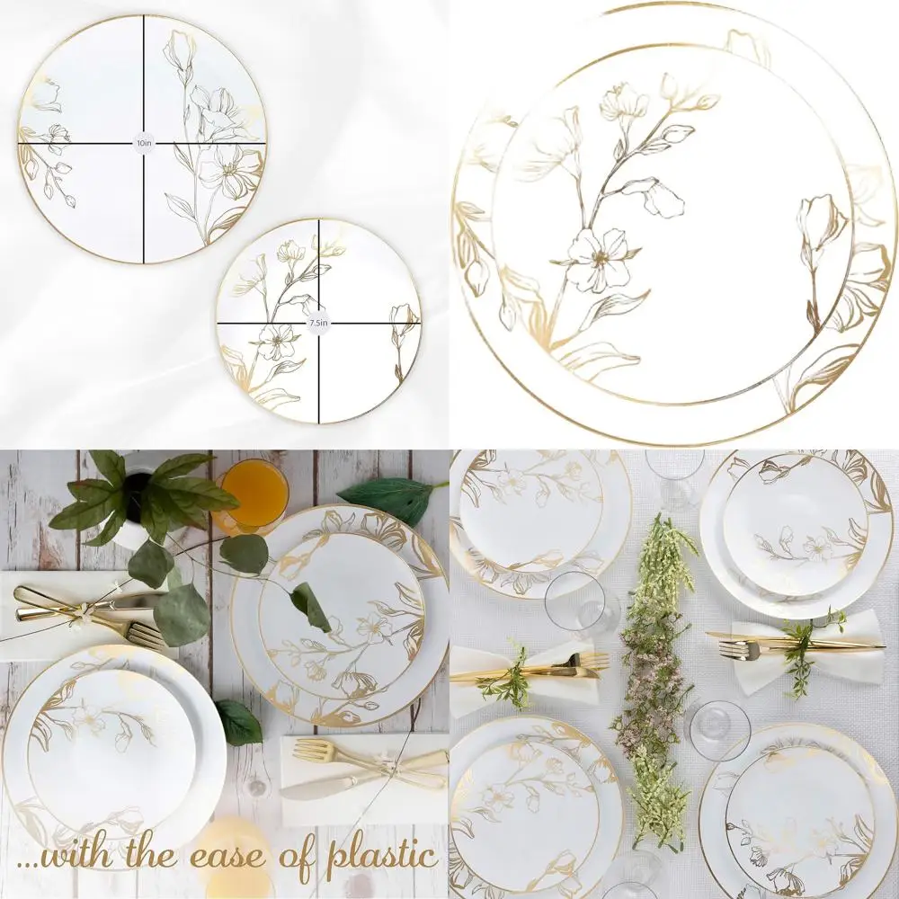

Elegant White Floral 128-Piece Dinnerware Set: 64 7 & 64 10 Gold Rimmed Plastic Plates for Parties