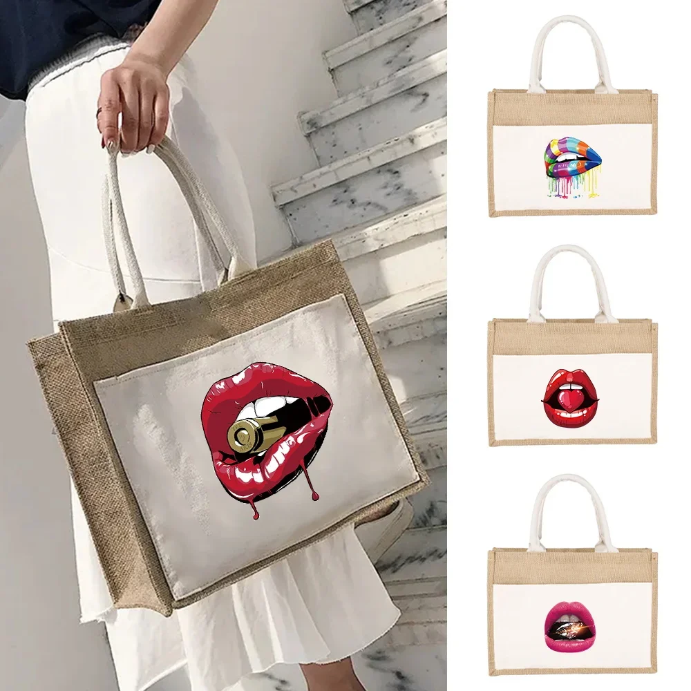 

Shopping Bag Reusable Sundries Tote Linen Tote Tote Bags Ecofriendly Supermarket Bag Mouth Pattern Large Capacity Picnic Bags