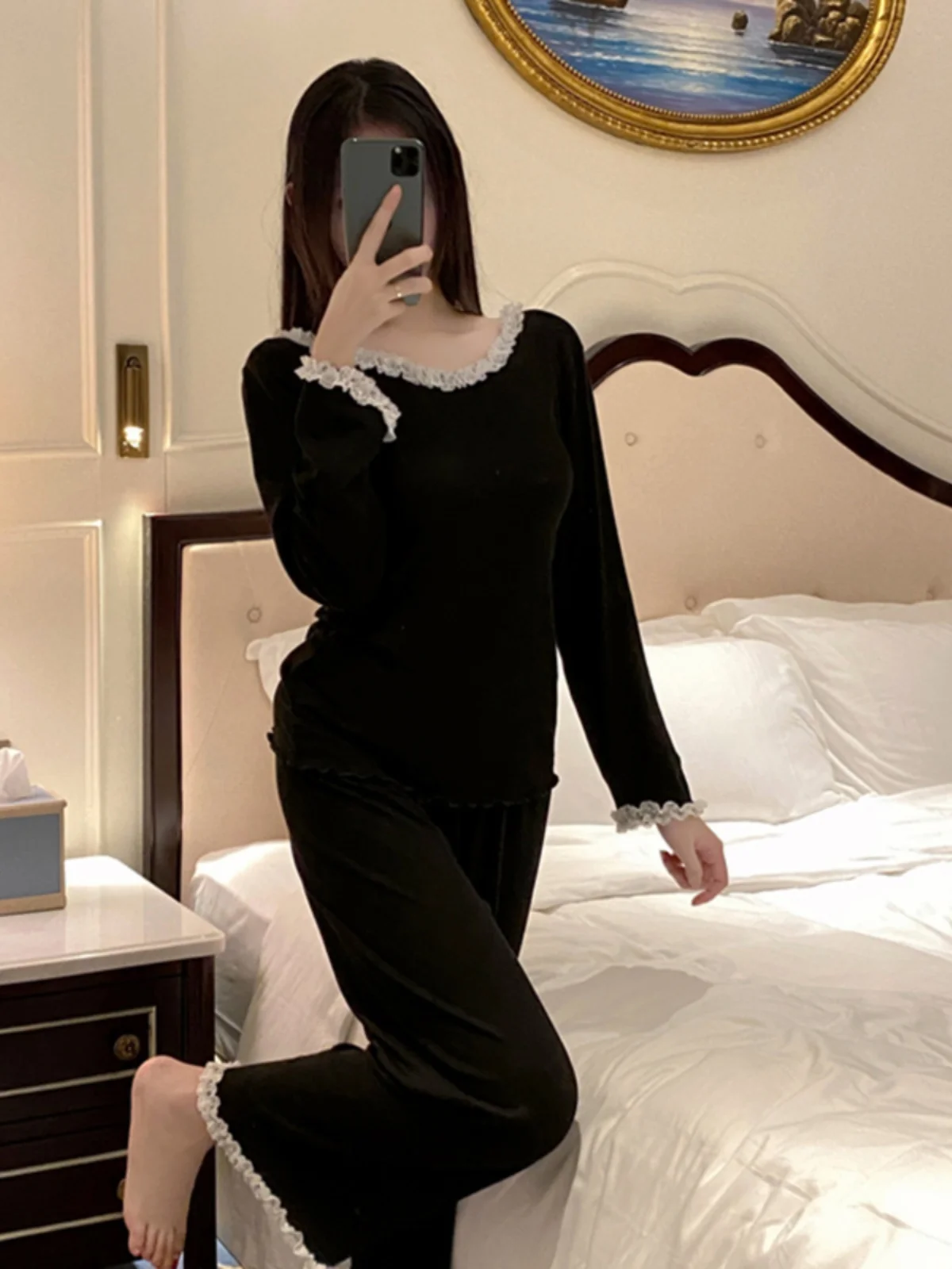 

Long Sve Modal Spwear Spring Autumn Women's Home Clothes Sexy with Chest Pad Inteated Bla Lace Home Leisure Suit