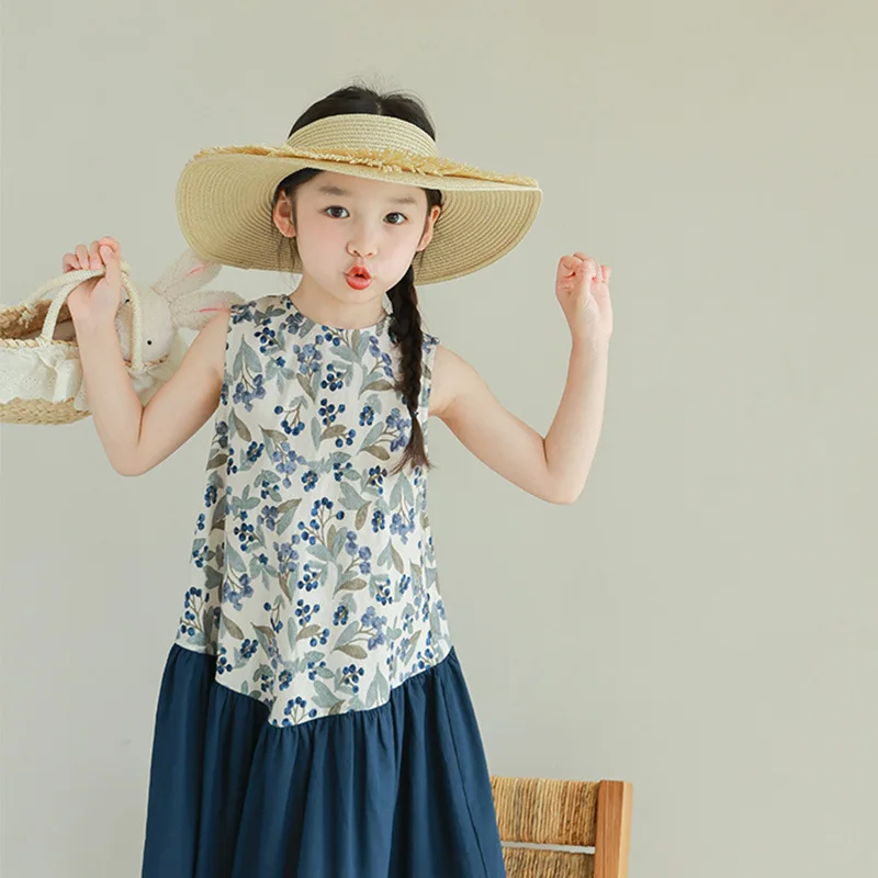 Baby Girl Dress Girls Patchwork Sleeveless Dress 2024 Summer Fashion New Female Treasure Skirt Retro Style Casual Print Dresses