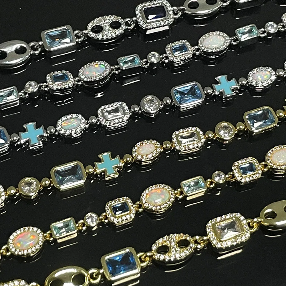 HHIOK Fine 6/8mm Sea Blue/Deep Blue Gemstone Cuban Link Bracelet Ice Out Brass CZ Personalized Hip Hop Jewelry For Men and Women view 2