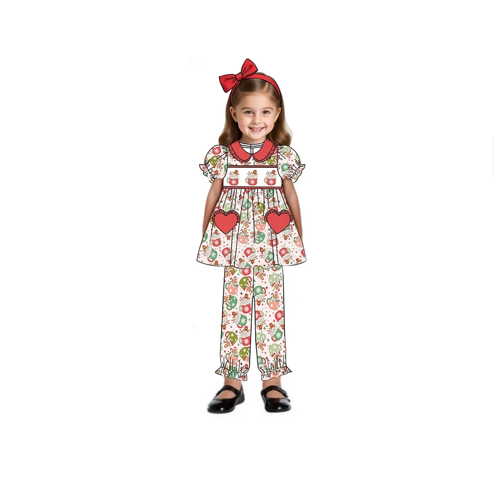 

Newest design Santa Claus and sugar print children's clothing children's love heart pocket pajamas children's baby suit