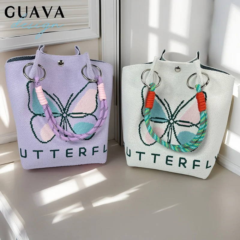 

Butterfly Knitted Bucket Bag Women's Fashion Handbag Versatile Knitted Wrist Bag Shopping Handbag Cute Handbag