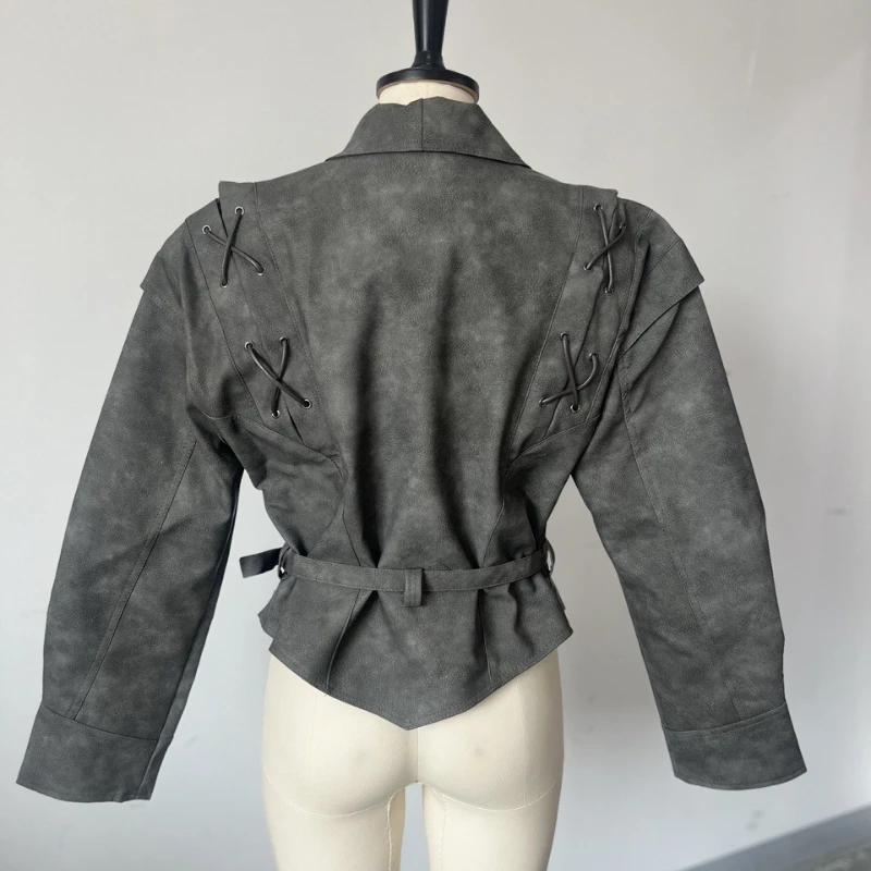 Short Slim Pu Leather Jacket Solid with Belt Lapel Coat Long Sleeves Motorcycle Style Jackets Autumn Winter Belted Top for Women