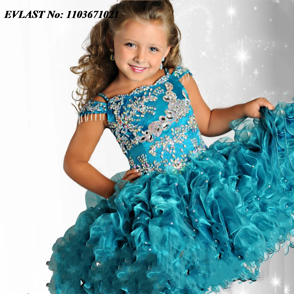 EVLAST Customized Blue Flower Girl Dress for Wedding Crystal Beading Little Girls Boho Birthday First Communion Gowns FD22