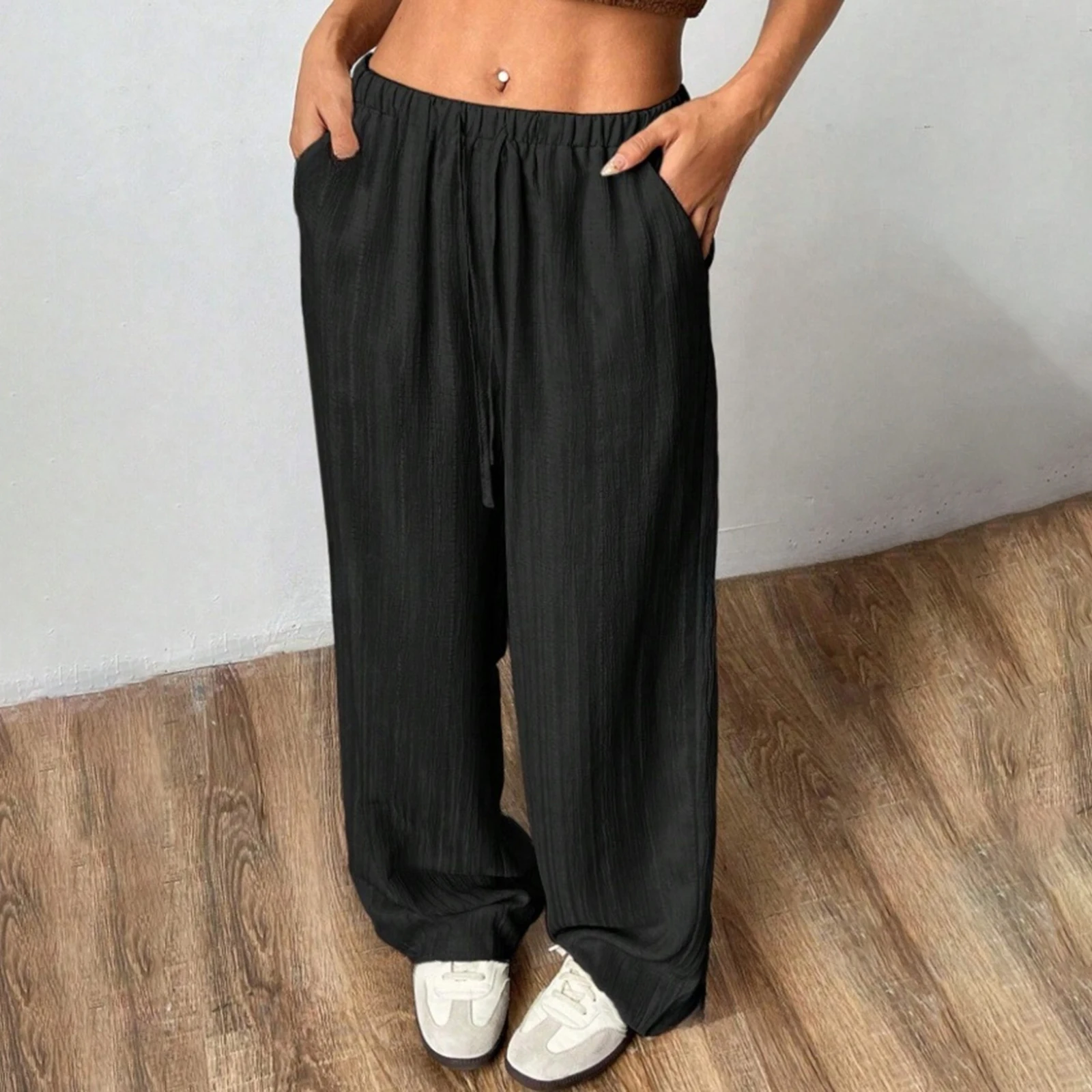 New Women's Plus Size Pants Fashion Ladies Loose Solid Color Oversized Elastic Waist Wide Leg Drawstring Trousers with Pockets