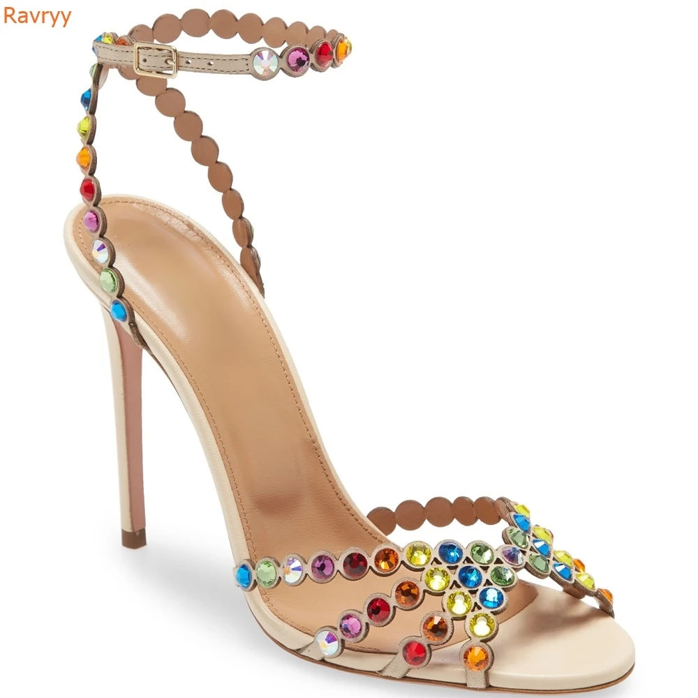 Crystal Bling Bling Colored Rhinestone Sandals Stiletto Heels Slingback Ankle Strap Shoes Women Peep Toe Wedding Sandals