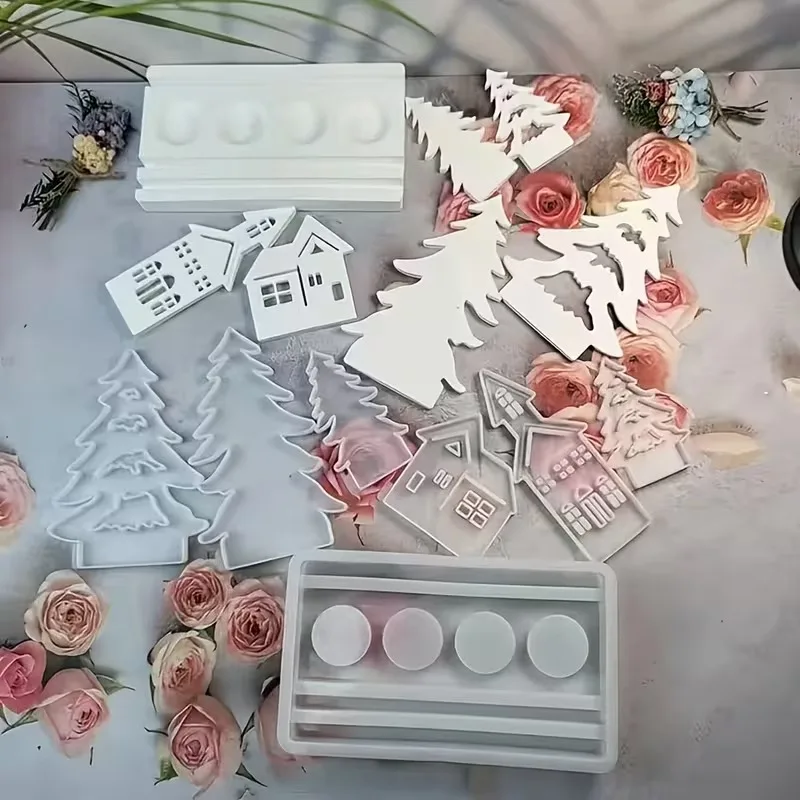 DIY Weihnachtsbaumhaus Kerzenhalter Silikonform-Set für Bastelarbeiten - Weihnachtsdekorationen Zement-Gips-Gießform